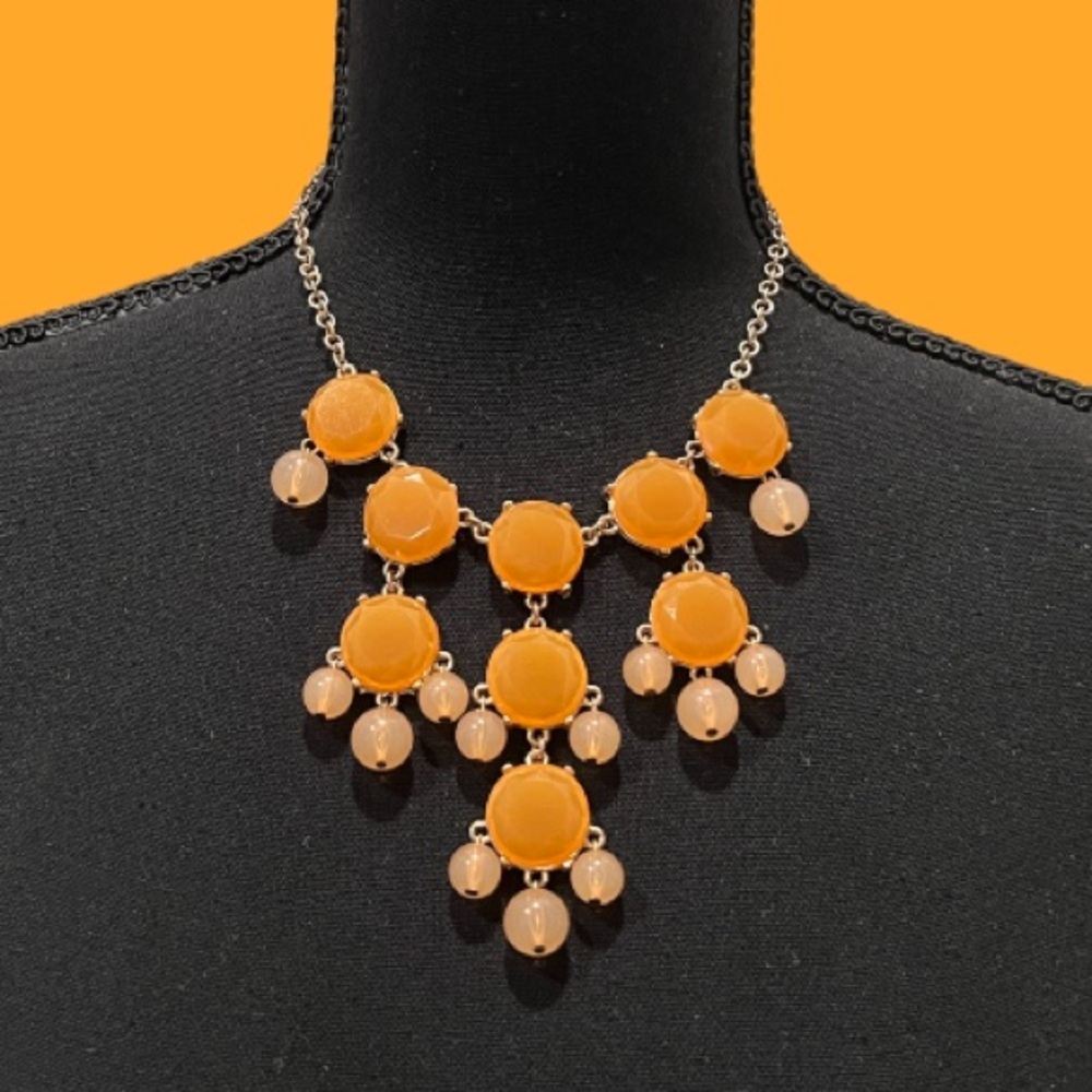 Vintage Light Orange Statement Necklace Gold Tone Chain Costume Jewelry